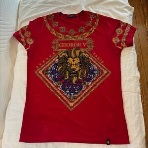 Avenue George V Paris Mens L Red Rhinestone Lion Baroque Graphic T Shirt